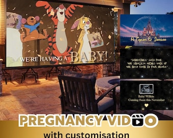May include: A Winnie the Pooh themed pregnancy announcement video with a projector displaying the characters Winnie the Pooh, Piglet, and Tigger. The text "We're having a baby!" is displayed on the screen. The video is titled "Pregnancy Video with customization" and includes the text "Instant access get your video today".