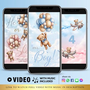 Può includere: Tre schermi di smartphone che mostrano grafiche per baby shower. Uno schermo dice "He or She" con un orsacchiotto. Un altro dice "It's a Boy!" con un orsacchiotto. Il terzo schermo mostra un orsacchiotto su un aereo con il numero 4.