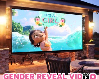 May include: A large outdoor projector screen displaying a digital graphic with the text IT'S A... GIRL, featuring a cartoon baby character in a tropical ocean setting with pink and yellow hibiscus flowers and green leaves on a bright blue background.