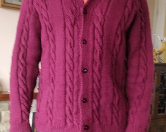 Mens Hand Knitted Aran Shawl Neck Cardigan