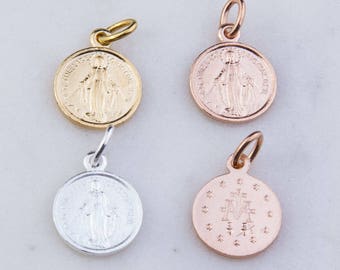 3pcs-Virgin Mary Latin Round Pendant in Sterling Silver, Gold Plated OR Rose Gold Plated, Miraculous Medal Charm, Catholic Charms CM165R
