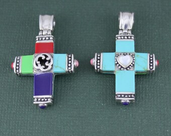 Sterling Silver Turquoise/Multi Color Cross Pendant, Cross Pendant, Stone Cross Pendant, Statement Cross Pendant, Pendant Findings SSPD007