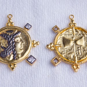 Roman, Greek Medallion Coin Charm with CZ in Sterling Silver Heavy Gold Plating, Medallion Pendant, Roman, Greek Coin Charms, VC80