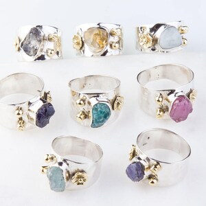 Sterling Silver Freeform Gemstone with Gold Plated Brass Flower Accent Ring, Statement Ring, Freeform Gemstone Silver Ring, Gemstone SR288