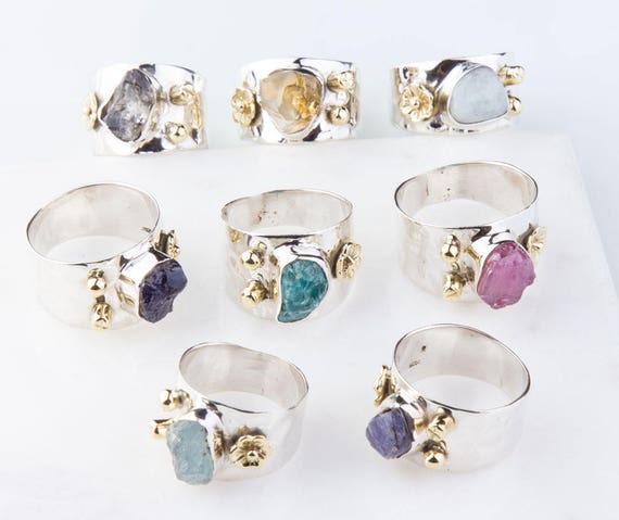 Sterling Silver Freeform Gemstone with Gold Plated Brass Flower Accent Ring, Statement Ring, Freeform Gemstone Silver Ring, Gemstone SR288