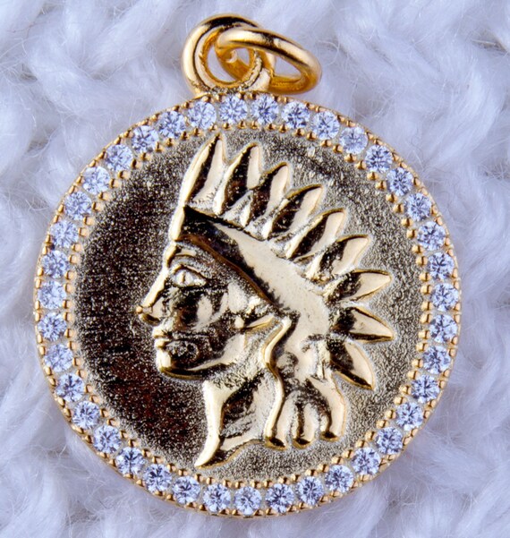 Sterling Silver Gold Plated Indian Chief Medallion Pendant, CZ