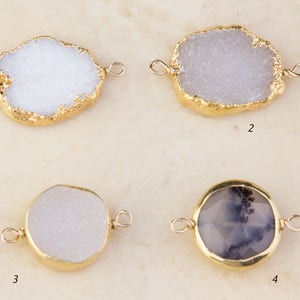 Druzy or Dendritic Opal Gold Filled Wire Wrapped Link Connector Pendant, Priced per Piece, White, Light Gray Druzy, Dendritic Opal, CM56GC