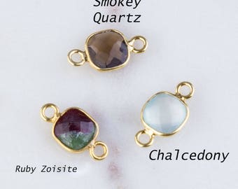 5pcs-Cube Gemstone Gold Plated on Sterling Silver,Smokey Quartz,Ruby Zoisite Chalcedony,Square Cushion Link Connector, Tiny Gemstone,CM28GC