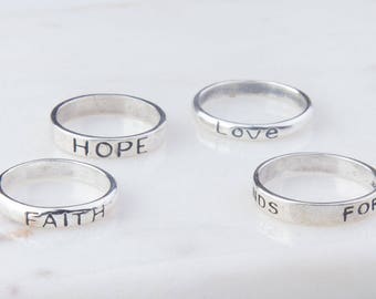 Sterling Silver Stackable Rings,minimal,Faith, Hope, Love, Friends Forever Silver Rings,Silver Band Rings,Simple,Everyday Wear,MR01-4