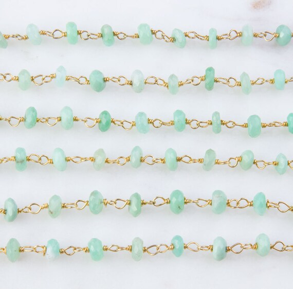 Chrysoprase Beaded Wire Wrapped Vermeil Chain, Rosary Chain, Per Foot, Gemstone Chain, Wire Wrapped Chain, Beaded Chain, Rosary, SCNF174