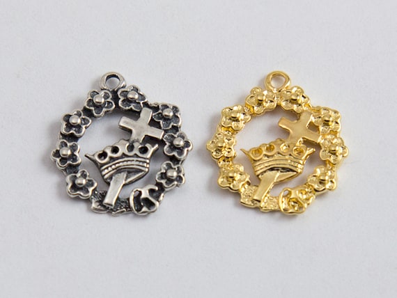Crown and Cross with Ring of Flowers Charm Pendant in Sterling Silver or  Gold Plated over Sterling Silver, Religious Charm, CM101R