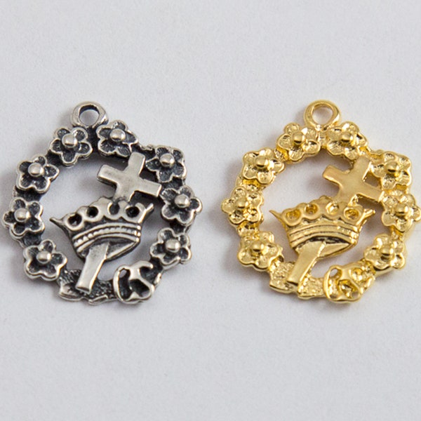 Crown and Cross with Ring of Flowers Charm Pendant in Sterling Silver or Gold Plated over Sterling Silver, Religious Charm, CM101R