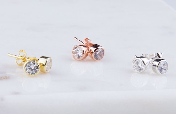 Bezel Cubic Zirconia Stud Earrings Rose Gold-plated Sterling Silver 4mm Bezel Cubic Zirconia Stud Earrings Rose Gold-plated Sterling Silver 4mm