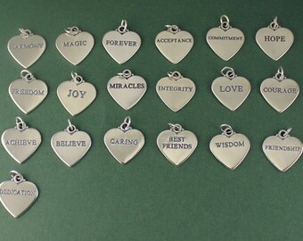 Sterling Silver Message Heart Charms: Harmony, Magic, Forever, Acceptance, Commitment, Hope, Freedom, Joy, Miracles, Integrity, Love,Courage