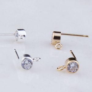 3pairs-Cubic Zirconia 14K Gold Filled or Silver Stud Earring Component, Jewelry Making Supplies, 4mm Gold Studs with Loop, Simple, GFER178