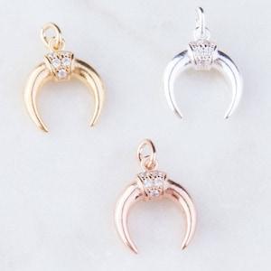 Small CZ Horn Charm in Silver, Gold Plated or Rose Gold Plated, Upside Down Moon Pendant, Horn Moon Charm Pendants, Necklace Charm HCIN218