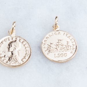 2 pieces- Italiana Coin Gold Plated on Silver Coin Pendant, Gold Coin Pendant, Thick, Small Thick Italiana Coin Charm Pendant,Gold Coin VC68