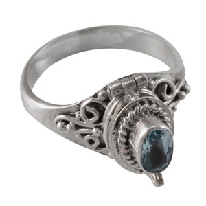 Blue Topaz Stone Sterling Silver Locket Ring, Gemstone Ring, Handmade, Poison Ring, Antique Style, Vintage, Statement Ring, Simple, SR028