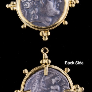 Roman, Greek Large Coin With Gold Bezel Pendant, Ancient, Two Tone Pendant Replica, Reversible Coin, Sterling Silver Coin, Vermeil- VC07