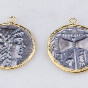 Large Roman, Greek Medallion Coin Pendant in Oxidized Sterling Silver with Gold Plated, Medallion Pendant,Ancient Roman Coin Charms, VC22