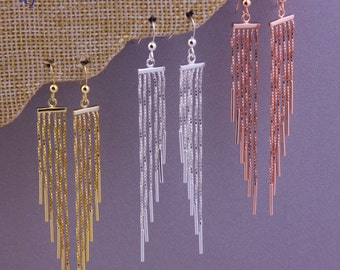 Gold Tassel Earrings For Women 14K Gold Plated Chain Dangle Drop Earrings Statement Tassels Hoop Earrings For Party Linear Fringe Earrings (Silver