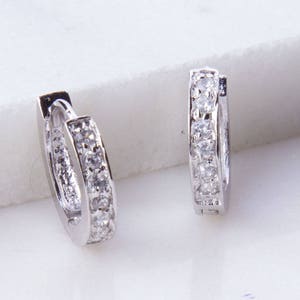Cubic Zirconia 14mm Sterling Silver Hoop Earrings, Huggie Hoop Earrings, CZ Huggies Sterling Silver Hoop Earring, Small Hoop Earrings,SER172