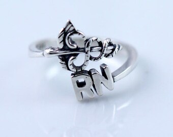 Registered Nurse, Nurse Ring, RN Medical Ring,  Sterling Silver Adjustable Ring, Medical Ring, Stackable Rings, Adjustable Rings SR197