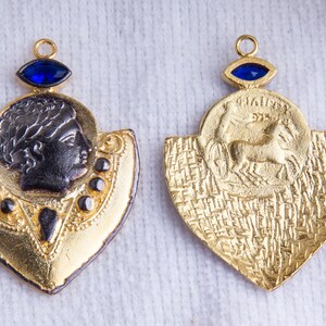 Roman, Greek Medallion Coin Pendant with CZ in Sterling Silver Heavy Gold Plating, Medallion Pendant, Roman, Greek Coin Charms, VC79
