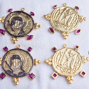 Roman/Greek Heavy Gold Plated Coin Pendant with CZ Gold Coin Pendant, Thick, Heavy Roman/Greek Coin Charm Pendant, Large Gold Coin VC70
