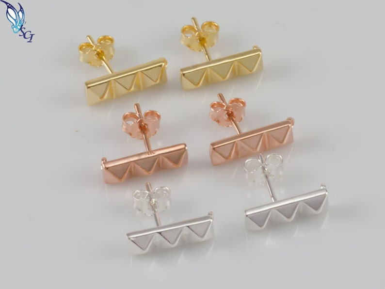 Three Pyramid Stud Earrings, Sterling Silver, Gold Plated,Rose Gold Plated,Post, Dainty Bar Studs, Geometric, Minimalist Studs, SER304 image 1