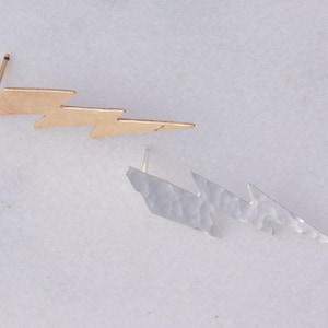 Hammered Long Lightning Bolt Earrings, Sterling Silver, 14k Gold Filled, Post, Studs, Thunderbolt, Weather Forecast, SER346