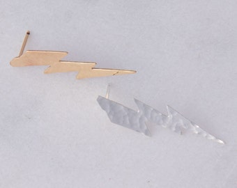 Hammered Long Lightning Bolt Earrings, Sterling Silver, 14k Gold Filled, Post, Studs, Thunderbolt, Weather Forecast, SER346