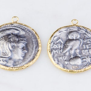Large Roman, Greek Medallion Coin Pendant in Oxidized Sterling Silver with Gold Plated, Medallion Pendant,Ancient Roman Coin Charms, VC21