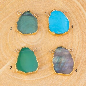 May include: Four different gemstone pendants with gold-plated edges and jump rings. The pendants are turquoise, green, green, and gray. The pendants are numbered 1 through 4.