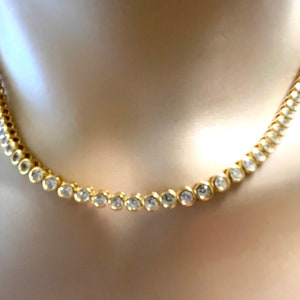 4mm CZ Tennis Necklace, Gold over Sterling Silver Chain, Choker, 16" CZ Diamond Chain, Round CZ,Bezel Necklace,GVN25