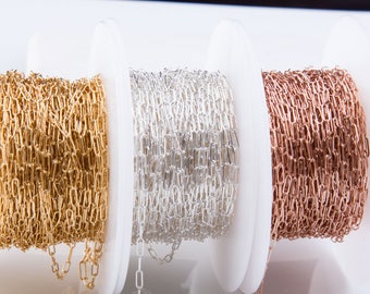 Cadenas rectangulares de clip de papel de 1,5 m (5 pies) en plata de ley, chapadas en oro de 14 quilates y chapadas en oro rosa. Joyería permanente. Clip de papel. SCNF164.