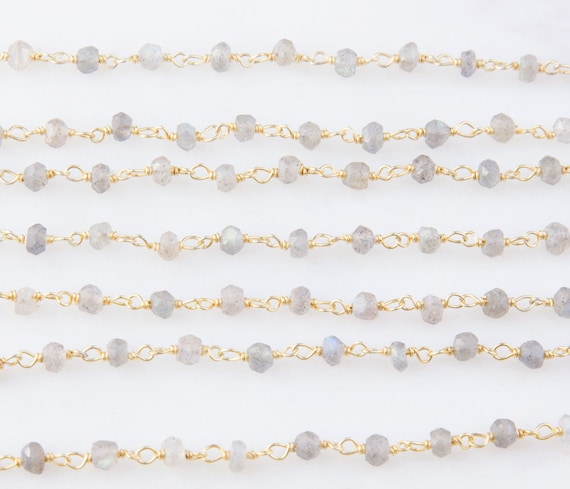 Labradorite Beaded Wire Wrapped Vermeil Chain, Rosary Chain, Priced Per Foot, Gemstone Chain, Wire Wrapped Chain, Beaded Chain, SCNF171