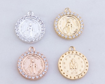 Virgin Mary Latin Round Pendant with CZs in Sterling Silver, Gold Plated OR Rose Gold Plated, Miraculous Medal Charm, Catholic Charms CM157R