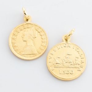 2 PIECES - Italiana Coin Gold Plated on Silver Coin Pendant, Gold Coin Pendant, Thick, Small Thick Italiana Coin Charm Pendant, VC89