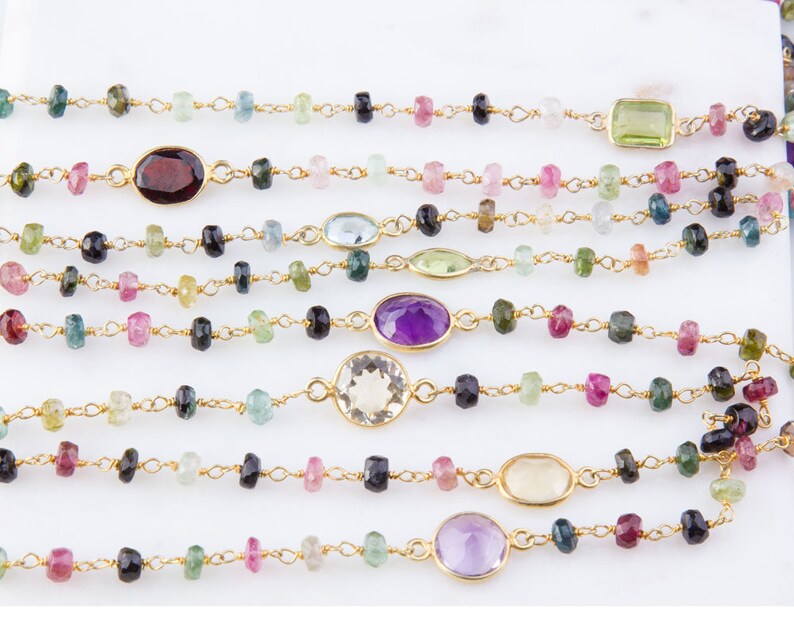 Tourmaline with Gemstone Beaded Wire Wrapped Vermeil Chain, Rosa Tourmaline with Gemstone Beaded Wire Wrapped Vermeil Chain, Rosa