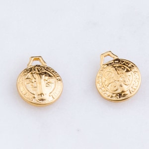2 Pieces, St Benedict Small Round Pendant in Gold Plated Tin, Miraculous Medal Charm, Religion Charms, Saint Benedict Gold Charm, CM191R