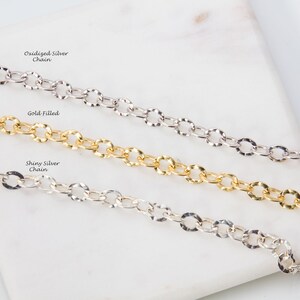 May include: Three silver chains on a white surface. The top chain is labeled "Oxidized Silver Chain", the middle chain is labeled "Gold Filled", and the bottom chain is labeled "Shiny Silver Chain".