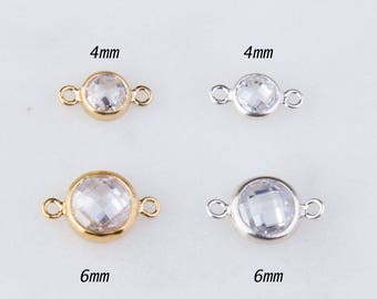 5 pcs ,4mm OR 6mm front &Back Checkboard Gold Filled Cubic Zirconia or Sterling Silver Permanent Jewelry Connector, CM186LC