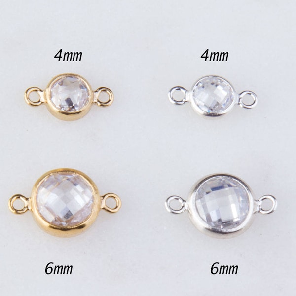 5 pcs ,4mm OR 6mm front &Back Checkboard Gold Filled Cubic Zirconia or Sterling Silver Permanent Jewelry Connector, CM186LC