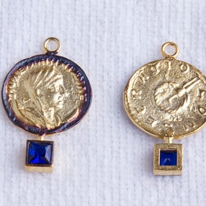 Roman, Greek Medallion Coin Charm with CZ in Sterling Silver Heavy Gold Plating, Medallion Pendant, Roman, Greek Coin Charms, VC76