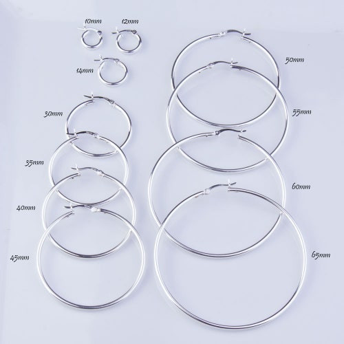 10mm,15mm,20mm,25mm,30mm,35mm,40mm,50mm,60mm Silver Tubular Hoop Earrings 2mm x 