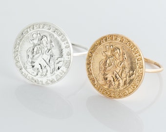 Anillo de San Cristóbal lleno de oro o plata de ley, anillo religioso, regalo para ella, regalo de Pascua, anillo, joyería cristiana, católica, CM275R