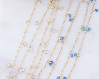 Japanese Lab 3mm Blue or WhIte Opal Dangle Chain By Foot in Gold Plated,for Choker Necklace, Bracelet, Earrings, Small Round Opal SCNF271