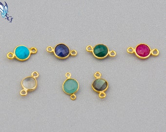 5pcs-Round Gemstone Connector, Vermeil, Turquoise, Dyed Ruby, Emerald, Sapphire, Labradorite, Chalcedony, Moonstone, Simple Everyday, CM14GC
