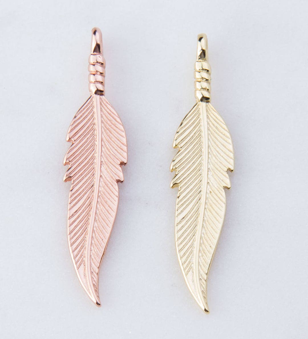 Large Feather Charm in Gold Plated or Rose Gold Plated Over